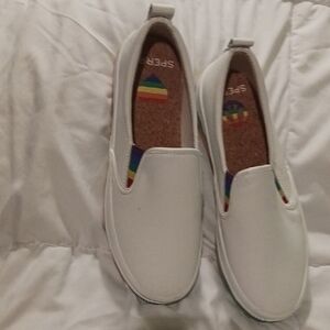 Sperry Kids White Slip-On Sneakers with Rainbow Detail